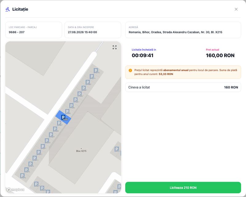Licitație live: cineva a licitat 160 lei, butonul Licitează cere 210 lei, pas de 50 lei