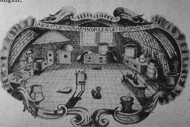 Gravura laboratorului lui Karl Gottfried Hagen din Königsberg, „Laboratorium Pharmacopolii Aulici Regiomontani”